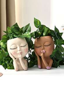 人臉盆栽,帶排水孔的樹脂盆栽適用於室內外植物,獨特的花盆,是朋友和家人的完美禮物 - 彩色 - 查看 2