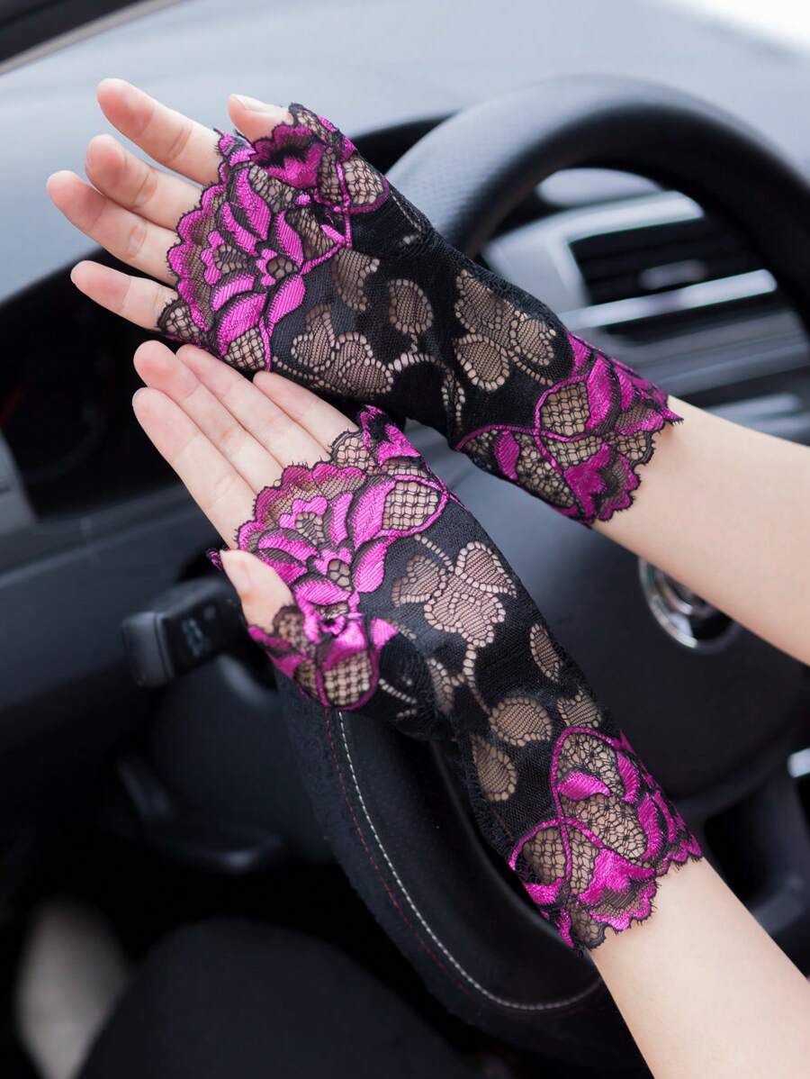1 đôi găng tay ren hở ngón cho nữ, găng tay lưới thoáng khí nhiều màu sắc kiểu thủy thủ, viền hoa gợi cảm, thích hợp cho lái xe, đi xe máy, đám cưới vào mùa xuân/hè. - găng tay nửa ngón - Xem 1