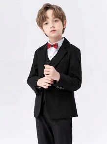 4pcs Kids Young Boy Suit Set - Jacket, Vest, Pants & Bowtie, Fall/Winter Formal Wear