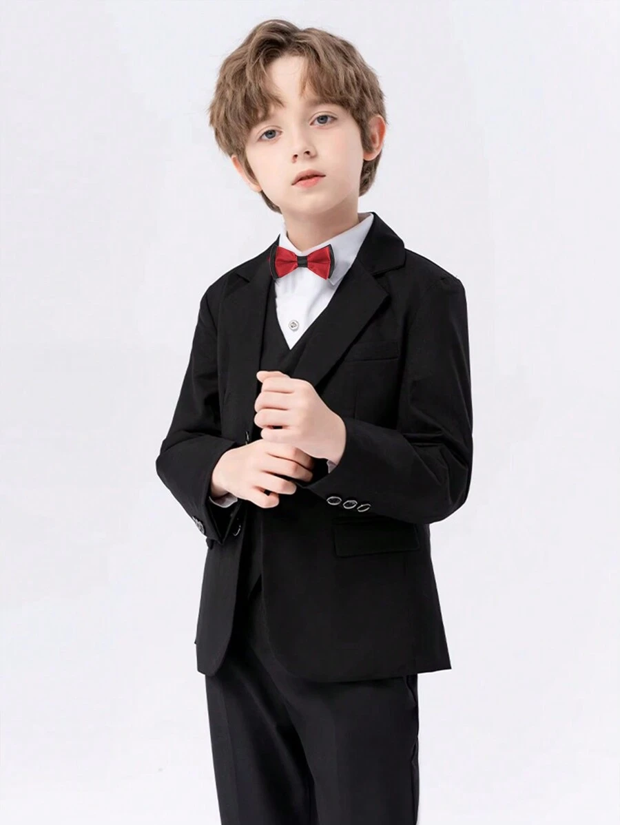 4pcs Kids Young Boy Suit Set - Jacket, Vest, Pants & Bowtie, Fall/Winter Formal Wear