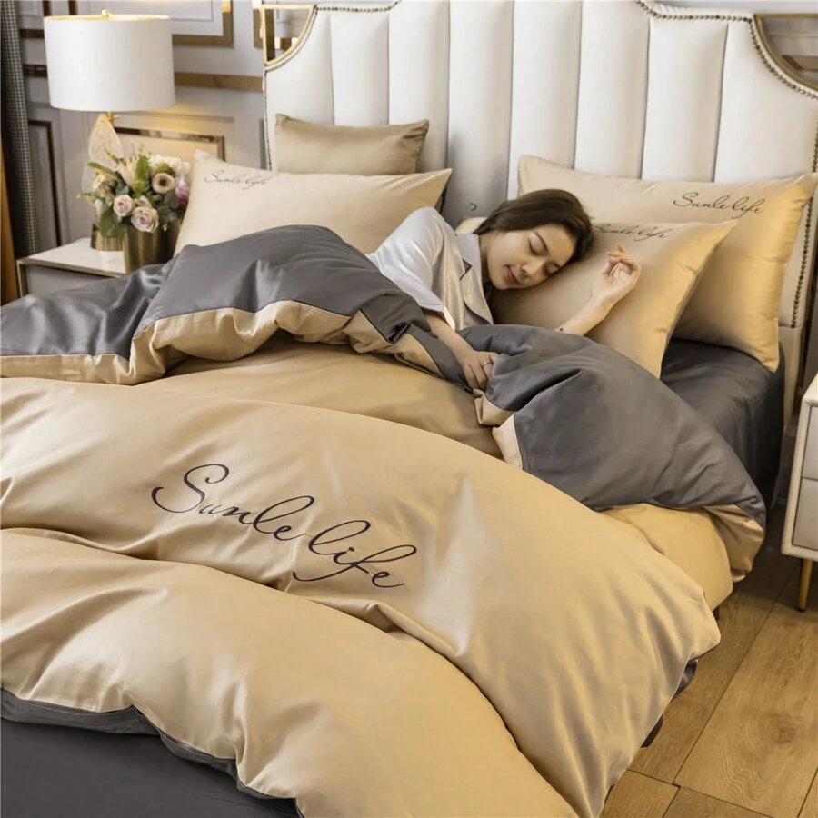 3pcs/Set (1 Quilt Cover, 2 Pillowcases, Without Core), Solid Color Double-Spliced Embroidery Quilt Cover Set For Bedroom, Hotel - Multicolor - View 1