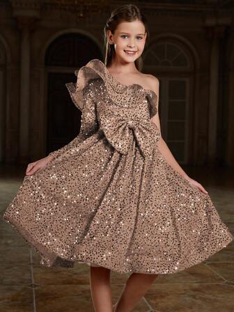 Tween Girl One Shoulder Ruffle Bowknot Sparkly Party Dress