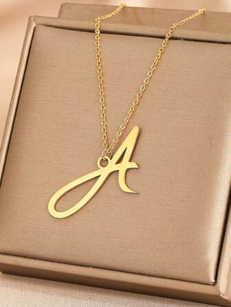 女士金色字母項鍊，頸部飾鍊，26個字母吊墜項鍊，不鏽鋼套圈式短項鏈，女人配件