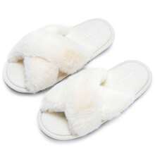 Women's Slippers Cross Band Soft Plush Furry Open Toe House Shoes Indoor Warm Comfy Cozy Bedroom Flats Slide - 白色 - 查看 1