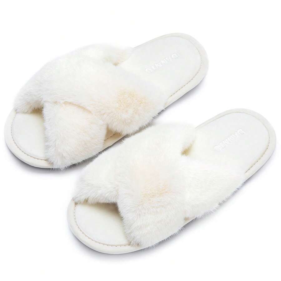 Women's Slippers Cross Band Soft Plush Furry Open Toe House Shoes Indoor Warm Comfy Cozy Bedroom Flats Slide - 白色 - 查看 1