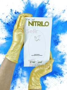 Guantes de Nitrilo Metálico Color Dorado Caja con 100 piezas Uniseal Sin Polvo Desechables Libre de Latex - Dorado - Ver 1