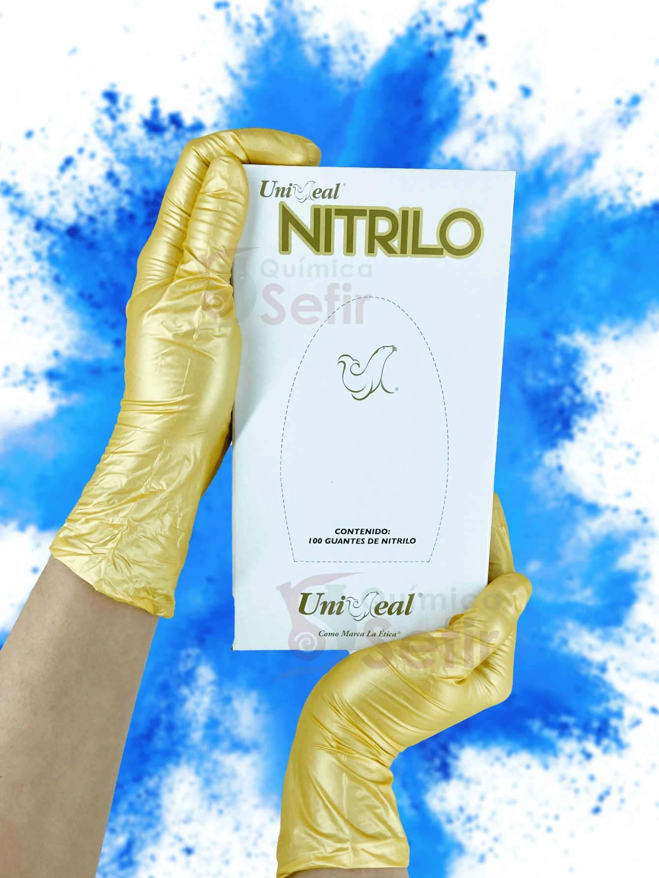 Guantes de Nitrilo Metálico Color Dorado Caja con 100 piezas Uniseal Sin Polvo Desechables Libre de Latex - Dorado - Ver 1
