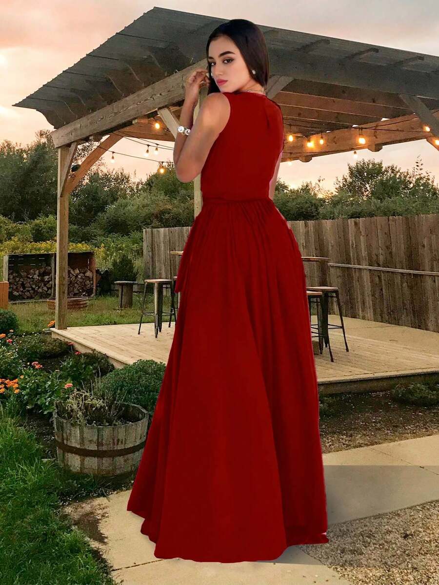 Vestido Cruzado Elegante Largo Sin Mangas, Muslo Abertura Para Dama, con Cinturón. - Rojo violeta - Ver 1