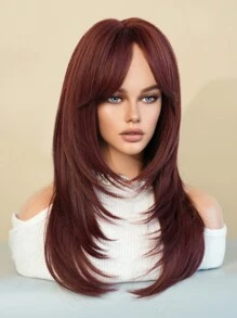 7JHH WIGS 24 Inch Long Burgundy Wig For Women, Dark Red Layered Wig With Curtain Bangs, High Density Synthetic Heat Resistant Fiber Wigs For Daily Party,Music Festival Use Mother's Day Gift - 酒紅色 - 查看 4