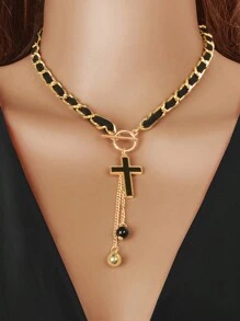 1件设计师款十字架球形吊坠流苏编织长项链，女士派对及日常佩戴饰品 - 十字 - 查看 1