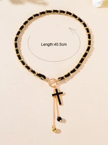 1件设计师款十字架球形吊坠流苏编织长项链，女士派对及日常佩戴饰品 - 十字 - 查看 4