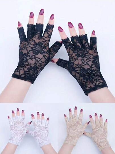1pair Sexy & Elegant Lace Floral Half Finger Gloves For Women Autumn Accessories Valentine's Day Accessories