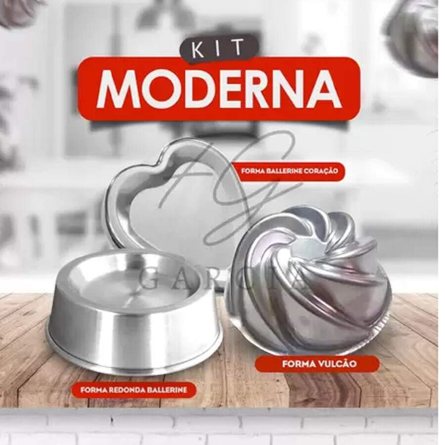 KIT MODERNA COM 3 ASSADEIRAS BOLO VULCÃO CORAÇÃO BALLERINE E BOLO REDONDO BALLERINE EM ALUMÍNIO