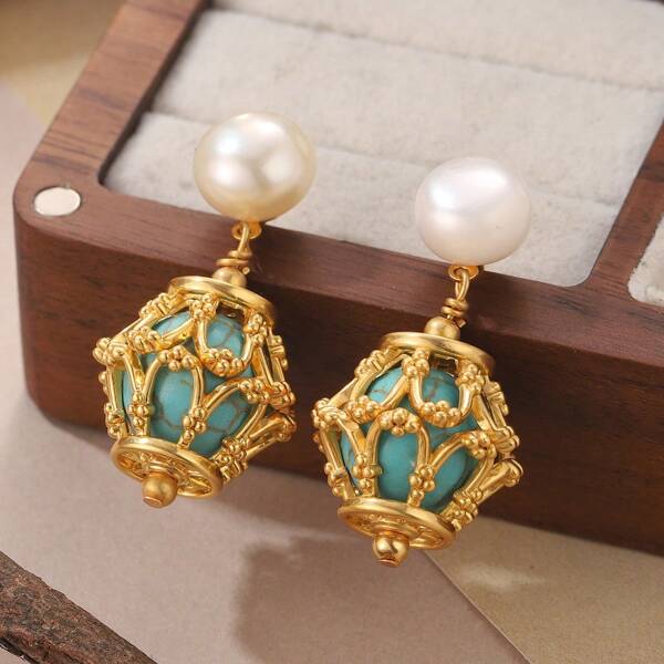 أقراط غرزة نحاس مطلي بالذهب عيار 18 وفضة 925 بقلادة تركوازية للنساء ، هدية مثالية ليلة موعد أو حفلة.