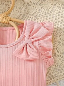 Baby Girl Casual Butterfly Sleeve Top With Bow And Flower Printed Shorts Set, Suitable For Holiday Summer - Multicolor - View 4