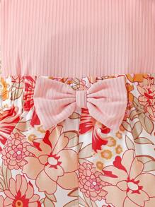 Baby Girl Casual Butterfly Sleeve Top With Bow And Flower Printed Shorts Set, Suitable For Holiday Summer - Multicolor - View 5