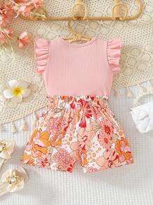 Baby Girl Casual Butterfly Sleeve Top With Bow And Flower Printed Shorts Set, Suitable For Holiday Summer - Multicolor - View 2