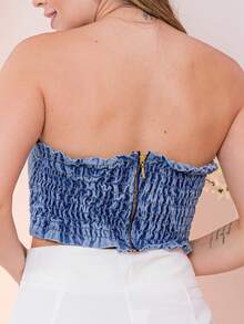 Women Denim Tops - 淺色水洗藍 - 查看 2