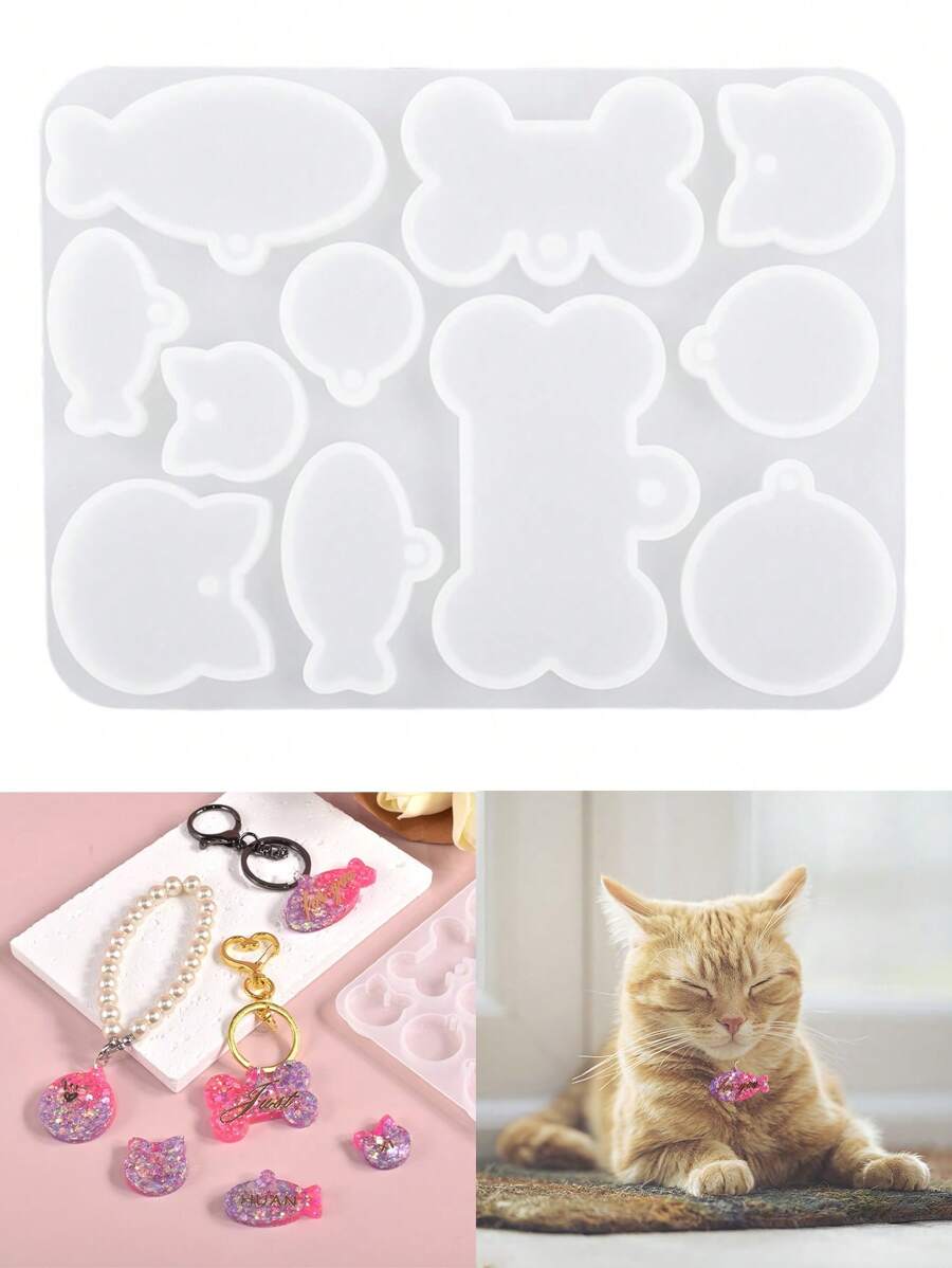 1 pieza Molde de silicona con 11 agujeros para hacer etiquetas de mascotas con resina epoxi, molde de silicona decorativo con forma de pez y hueso de perro para hacer colgantes anti-pérdida y otros colgantes - Blanco - Ver 1