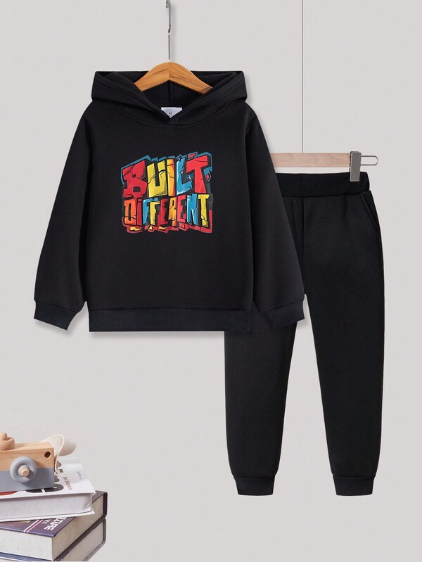 Young Boy Letter Print Hooded Fleece Sweatshirt And Pants Set