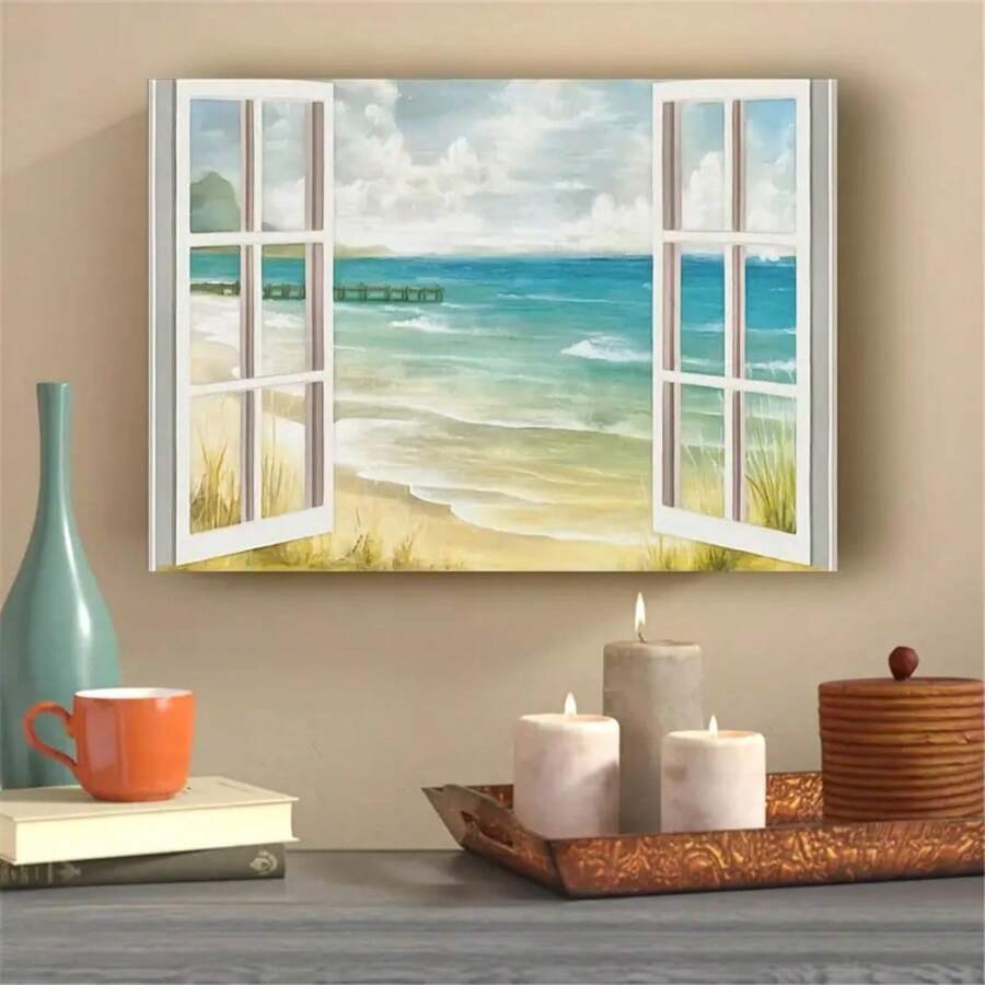 1入沙灘風景帆布牆藝裝飾畫 - 適用於客廳、臥室、辦公室、廚房 - 壯麗海景裝飾,無框裝飾,為家居增添美感 - 藍色 - 查看 1