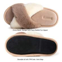 Women's Slippers Cross Band Soft Plush Furry Open Toe House Shoes Indoor Warm Comfy Cozy Bedroom Flats Slide - 卡其白色 - 查看 2