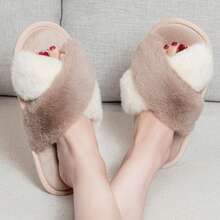 Women's Slippers Cross Band Soft Plush Furry Open Toe House Shoes Indoor Warm Comfy Cozy Bedroom Flats Slide - 卡其白色 - 查看 6