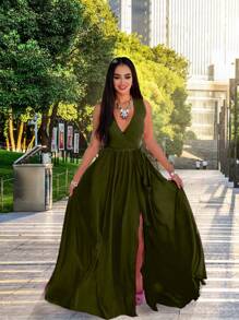 Elegant Long Sleeveless Wrap Dress, Thigh Opening For Women, With Belt. - 軍綠色 - 查看 3