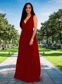 Vestido Cruzado Elegante Largo Sin Mangas, Muslo Abertura Para Dama, con Cinturón. - Rojo violeta - Ver 2