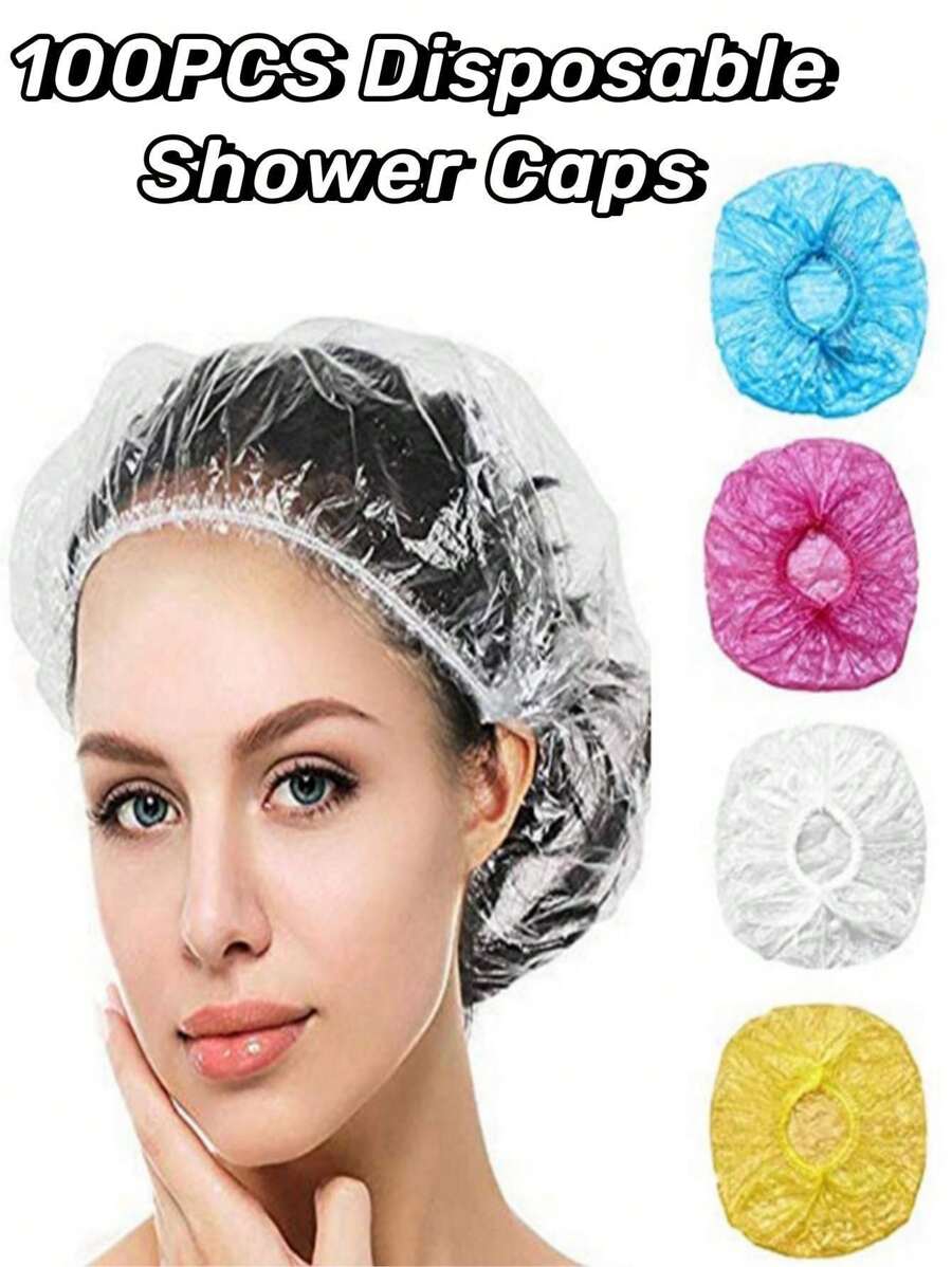 100pcs Disposable Plastic Shower Cap, Oil Bath Cap, Hair Dye Cap, Bathing And Showering Cap