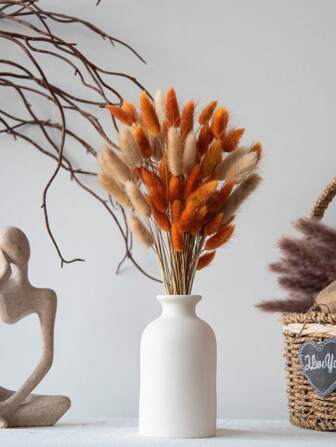 70/130pcs Natural Rabbit Tail Dried Flowers, Orange & Natural Color, Bohemian Wedding Centerpiece Decor, Home Autumn Decorations, Baby Shower Party Supplies. (Orange & Natural Color), Valentine Day, Gift Gifts Birthday Graduation