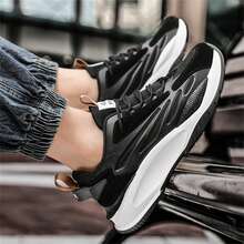 Men's Thick-Soled Sports Shoes With Increased Height, Breathable, Lace-Up, Round Toe, Wear-Resistant, Running, Chunky Shoes - Black - View 6