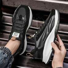 Men's Thick-Soled Sports Shoes With Increased Height, Breathable, Lace-Up, Round Toe, Wear-Resistant, Running, Chunky Shoes - Black - View 7