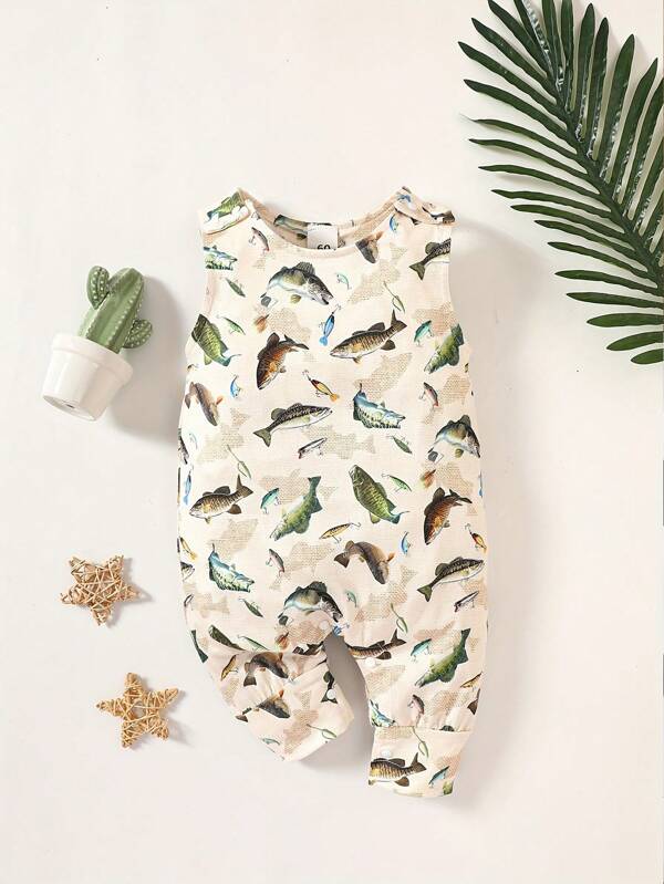 Baby Boy Summer Simple Casual Fish Printed Tank Jumpsuit With Round Neckline