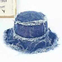 1pc Unisex Distressed Denim Washed Bucket Hat With Frayed Edge, Casual Wide Brim Solid Color Bucket Hat For Streetwear, Sun Protection, Cycling And Bohemian Style