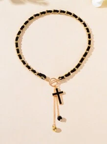 1件设计师款十字架球形吊坠流苏编织长项链，女士派对及日常佩戴饰品 - 十字 - 查看 2