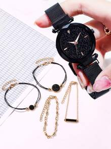 5 piezas/set Reloj de cuarzo de moda con cuentas magnéticas y esfera con diseño de cielo estrellado para mujeres, combinado con pulseras como regalo para estudiantes que regresan a la escuela - Negro - Ver 2