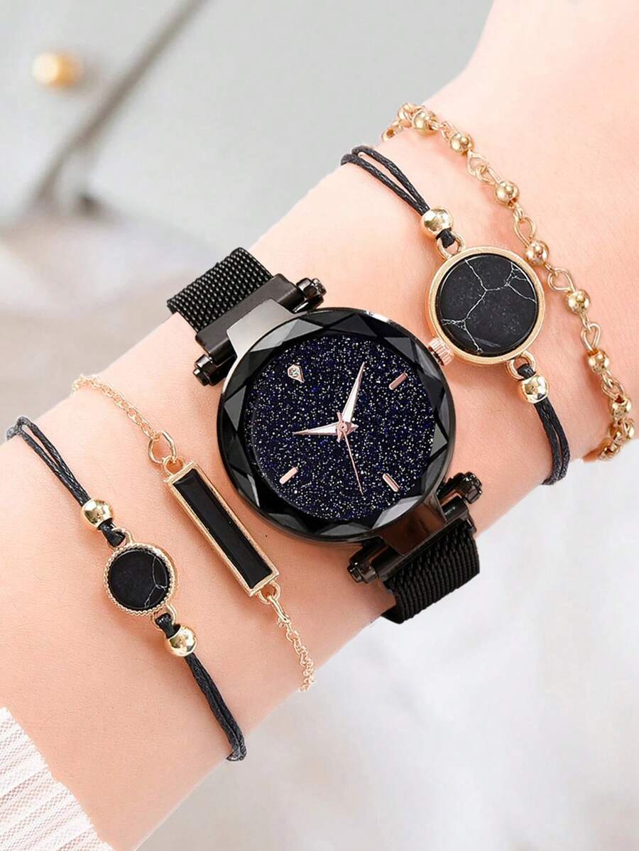 5 piezas/set Reloj de cuarzo de moda con cuentas magnéticas y esfera con diseño de cielo estrellado para mujeres, combinado con pulseras como regalo para estudiantes que regresan a la escuela - Negro - Ver 1