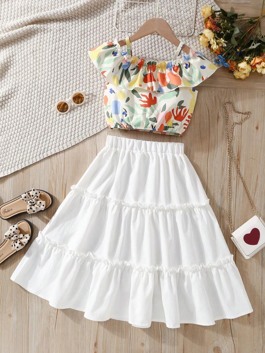 Tween Girls' Plant Printed Ruffle Hem Cami Top & White Skirt Set, Elegant And  Retro Style For Spring/Summer - White - View 1