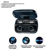 M10 Fone Bluetooth 5.1 Fone De Ouvido Sem Fio Esportes Display LED Fone Bluetooth TWS Toque Redução De Ruído À Prova D'água - Preto - Visão 5