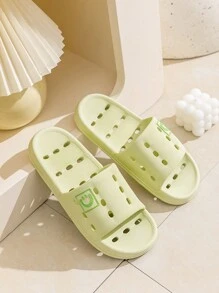 情侶款透氣中空速乾純色平底浴室拖鞋,適用於少女簡約風格,家庭室內,夏季,綠色,pvc材質,防滑透氣 - 綠色 - 查看 1