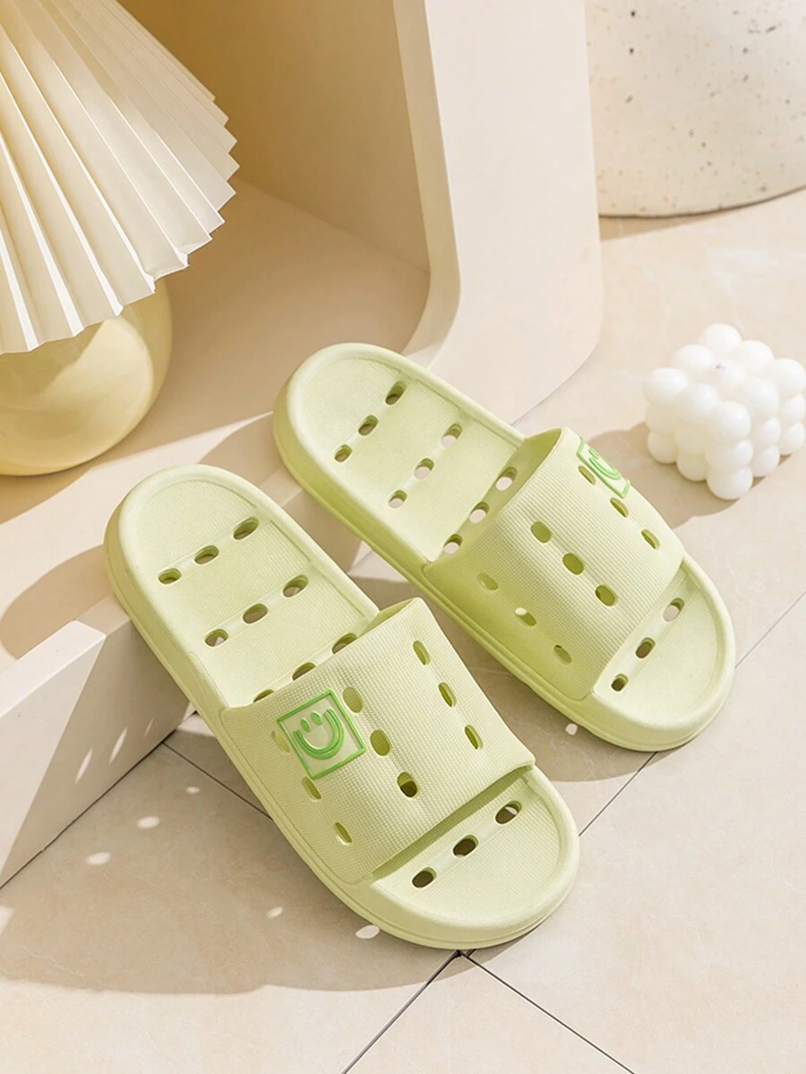 情侶款透氣中空速乾純色平底浴室拖鞋,適用於少女簡約風格,家庭室內,夏季,綠色,pvc材質,防滑透氣 - 綠色 - 查看 1