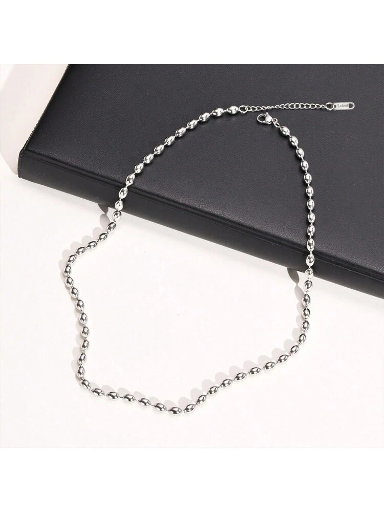 1pc Stainless Steel Women's Minimalist & Fashionable Olive Shaped Beaded Chain Necklace, Collarbone Chain