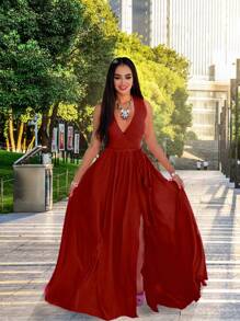 Vestido Cruzado Elegante Largo Sin Mangas, Muslo Abertura Para Dama, con Cinturón. - Rojo violeta - Ver 3