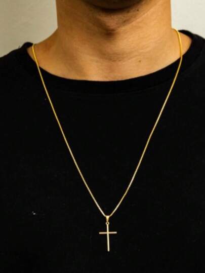 Wicky Wicky 2 Peça Joia Colar Corrente + pingente cruz palito Masculina Banhadas A Ouro Prata 18K 2mm