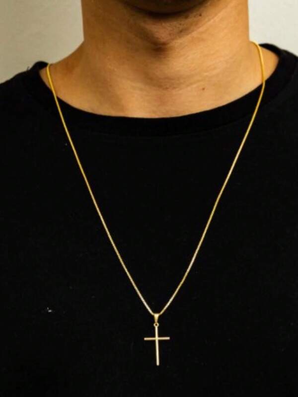 Wicky Wicky 2 Peça Joia Colar Corrente + pingente cruz palito Masculina Banhadas A Ouro Prata 18K 2mm