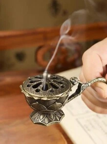1 pièce Brûleur d'encens de lotus à main antique bleu rétro, brûleur d'encens de lotus miniature raffiné pour le bout des doigts - Bronze - Voir 2