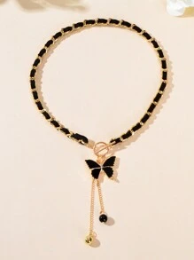 1pc Designer Stylish Butterfly Charm And Ball Pendant Tassel Braided Long Necklace Women Party Daily Jewelry - Butterfly - View 2