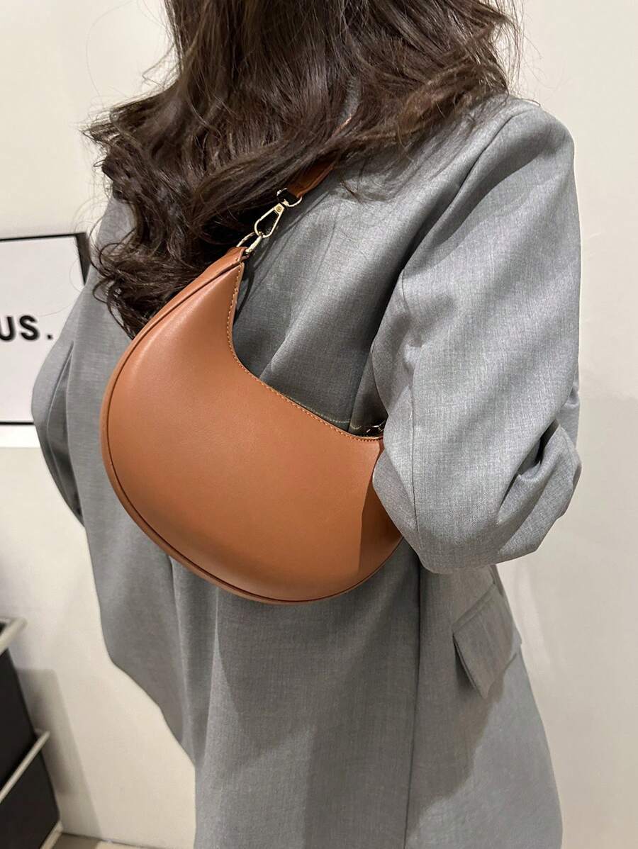 1 Piece Of Solid Color Retro Minimalist Crescent Bag, Underarm Women's Shoulder Bag - Brown - View 1