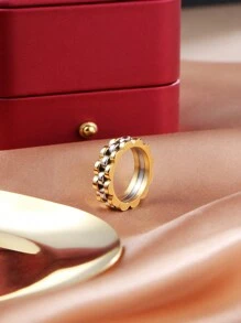 1pc Fashionable Stainless Steel Dual Layer Flower Shaped Ring In Two Tones